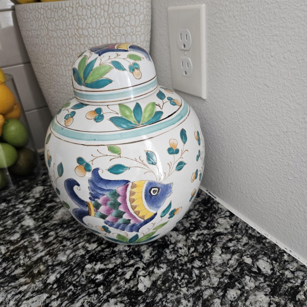 Porcelain Fish Chinese Asian Chinoiserie‎ Ginger Jars  stamped with makers mark